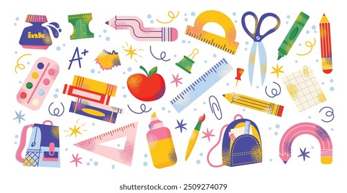 Set of school supplies and education colorful stickers. Back to school kids education concept. Backpack, book, paints, ruler, pencil, brushes. Vector illustration isolated on background