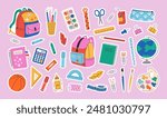 Set of school supplies and education stickers. Back to school. Backpack, book, globe, paints, ruler, pen, pencil, calculator, brushes, glue. Perfect for prints, cards, paper crafts, scrapbooking.