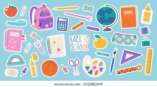 Set of school supplies and education stickers. Back to school. Backpack, books, globe, pencil box, paints, ruler, pen, pencil. Suitable for prints, cards, paper crafts, scrapbooking.