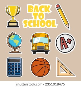 Set of school supplies and education stickers. Back to school. Pencil, globe, gold trophy, calculator. Suitable for prints, cards, paper crafts, scrapbooking.