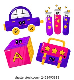 Set of school supplies and education stickers. Back to school. toy car, chemistry tube, dice, office bag, Suitable for prints, cards, paper crafts, and stickers