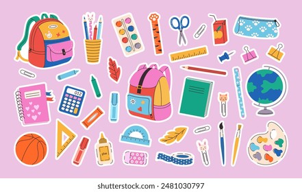 Set of school supplies and education stickers. Back to school. Backpack, book, globe, paints, ruler, pen, pencil, calculator, brushes, glue. Perfect for prints, cards, paper crafts, scrapbooking.