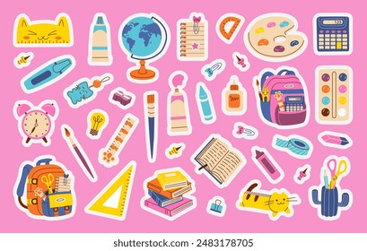 Set of school supplies and education stickers. Back to school. Backpack, book, globe, paints, ruler, pen, pencil, calculator, brushes, glue. Perfect for prints, cards, paper crafts, scrapbooking.