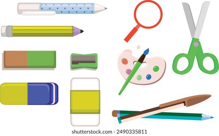 Set of school supplies and education stickers. Back to school. Backpack, books, globe, paints, ruler, pen, pencil. Suitable for prints, cards, paper crafts, scrapbooking, covers, textiles, wallpapers.