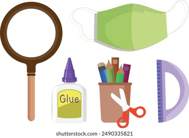 Set of school supplies and education stickers. Back to school. Backpack, books, globe, paints, ruler, pen, pencil. Suitable for prints, cards, paper crafts, scrapbooking, covers, textiles, wallpapers.