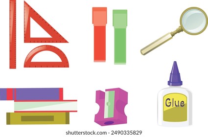 Set von Schulbedarf und Bildungsaufkleber. Zurück in die Schule. Rucksack, Bücher, Globus, Farben, Lineal, Stift, Bleistift. Geeignet für Drucke, Karten, Papierhandwerk, Scrapbooking, Umschläge, Textilien, Bildschirmhintergründe.