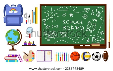Set of School supplies. Education and study. Colorful stickers or icons with books, globe, notebook, pencil, backpack. Back to school. Cartoon flat vector illustrations isolated on white background