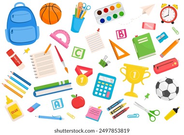 Set of school supplies and education. Various flat accessories for study, student equipment. Back to school. Vector illustration on white background