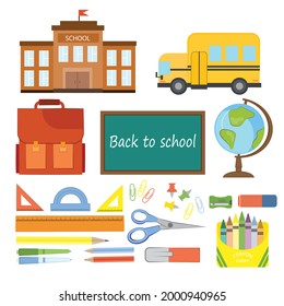 A set of school supplies elements for education and study. Color clipart with icons of schooling stationery.Back to school equipment. School student accessories color clipart.