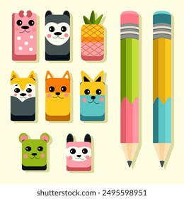 Set of school supplies, erasers with funny animals, colorful pencils, vector illustration