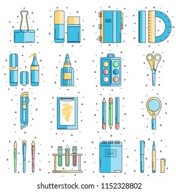 Set of school supplies in flat color line design: binder clip, eraser, copybook, marker, glue, kids' paint, scissors, cutter, clip file holder, pencil, magnifier, brush, test tube, pen, notepad.
