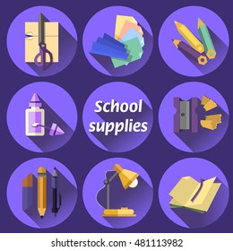 Set of school supplies in a flat design on a blue background. Vector illustration