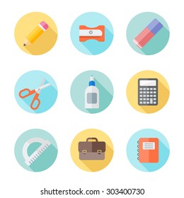 Set of school supplies flat round icons with long shadow on white background 