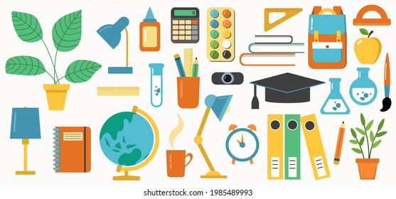 Set with school supplies. Flat style. White background, isolate. Vector illustration.