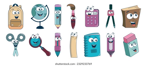 A set of school supplies in a funny cartoon style. A school backpack, a globe, a pencil, a pen with eyes. Vector illustration.