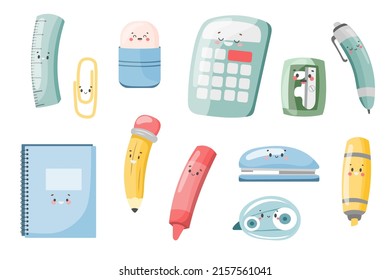 A set of school supplies with funny and cute faces. The concept of going back to school and getting ready for the new school year. Stationery: pen, pencil, ruler, sharpener, eraser, calculator, staple