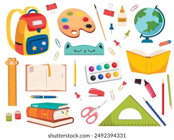 Set of school supplies: globe, paints, backpack, pencils, brushes, ruler, scissors, calculator, books, glue. Back to school concept.