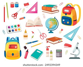 Set of school supplies: globe, paints, backpack, microscope, pencils, brushes, ruler, scissors, calculator, books, glue. Back to school concept. 