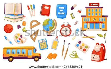 Set of school supplies: globe, paints, backpack, school bus, school building, pencils, brushes, ruler, scissors, calculator, books, glue. Back to school concept vector illustration isolated on white.