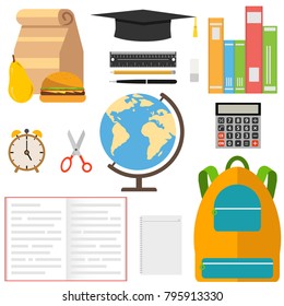 A set of school supplies. Globe, ruler, pencil, pen, book, scissors, graduate hat. Flat design, vector illustration, vector.