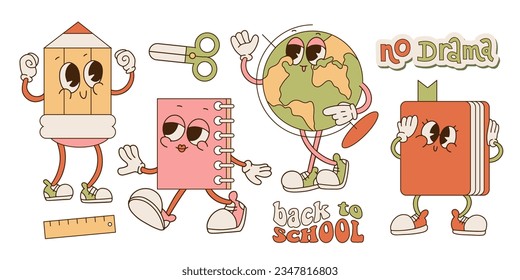 Set with school supplies groovy characters in gloves with quotes Back to school, No drama in contour flat retro classic cartoon style of 60s 70s. Globe, pencil, book, notebook mascots.