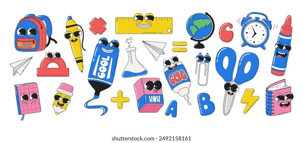 Set of school supplies in groovy style. Retro characters with face in style of 60s 70s. Vector illustration.