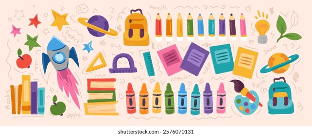 Set of school supplies in hand drawn style by crayons or pencils. Back to school or kindergarten concept. Big collection of school stationery with backpack, rocket, books. Vector flat illustration 