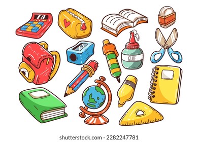 Set of school supplies hand-drawn illustration. School utensil vector illustration. Back to school illustration, school bag, scissors, books, globe, glue, pencil, high lighter, notes, calculator.