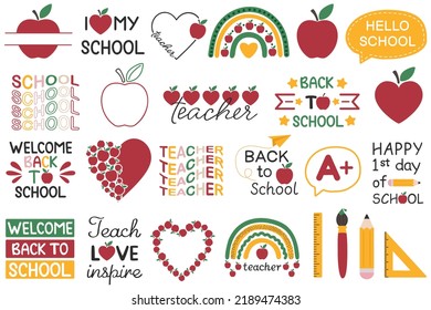 Set of school supplies. Hello school lettering. Children's subjects. Vector illustration in a flat style on a white background. Back to school elements. Welcome back to school text drawing.