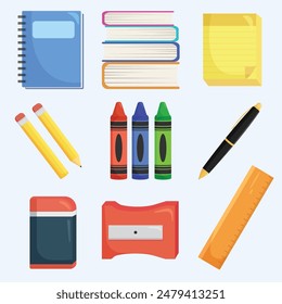 Set of school supplies illustration, back to school icons, notebook, books, notepad, pencil, crayon, eraser, sharpener, and ruler