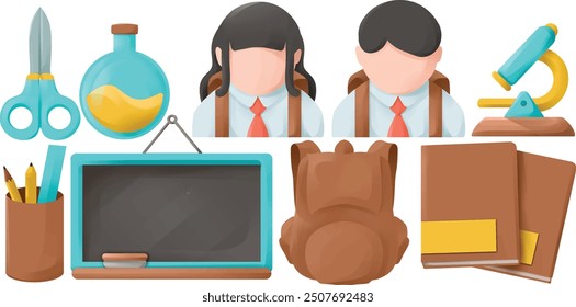 set of school supplies illustration vector. little student. book. microscope. scissors.