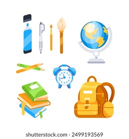 Set of school supplies including a backpack, books, and writing utensils are laying on a table.