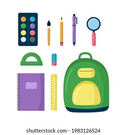 Set of school supplies isolated on white background. Vector illustration