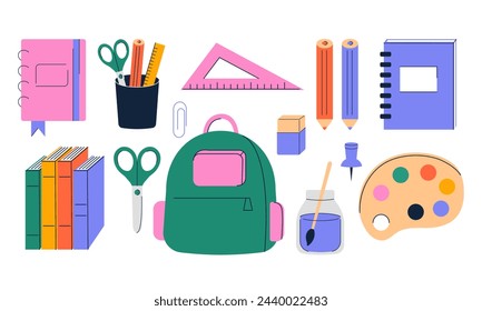 Set of school supplies isolated on white background. Back to school vector flat illustration.