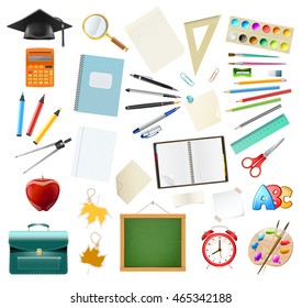 Set of school supplies isolated on white. Education workplace accessories. vector illustration