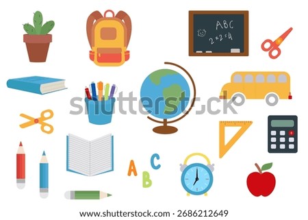 Set of school supplies isolated on a white background. Colored icon, vector illustration in a flat style. Various accessories for study, student equipment. Back to school.