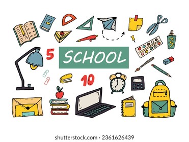 Set of school supplies, items for study. Vector doodle cartoon illustration for stickers, web design, flyers, banners