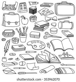 Set of school supplies. Line art. Vector illustration.