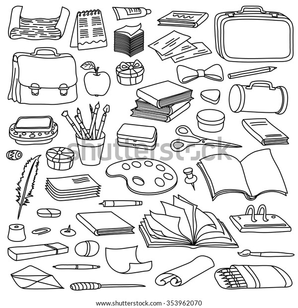 Set School Supplies Line Art Vector Stock Vector (Royalty Free
