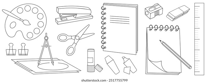 Conjunto de útiles escolares. Cuaderno, lápiz, tijeras, Regla, afilador, marcador; grapadora; pegamento, brújula; acuarelas. Contorno negro sobre fondo blanco. Ilustración vectorial para colorear libro.