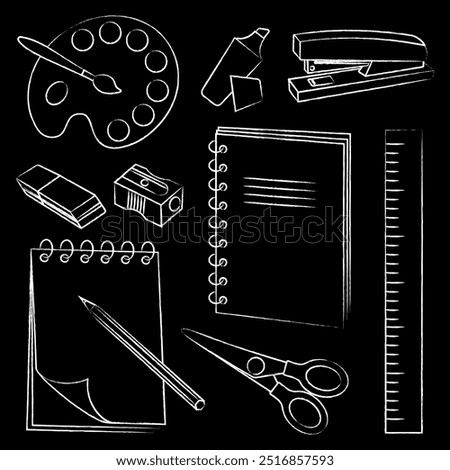 Set of school supplies. Notebook, pencil, scissors, ruler, eraser, marker, watercolors, stapler, eraser. White chalk outline on black background. Vector illustration.