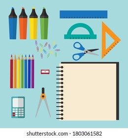 set of school supplies: notepad, pencils, felt-tip pens, rulers, paper clips, calculator and scissors on a blue background