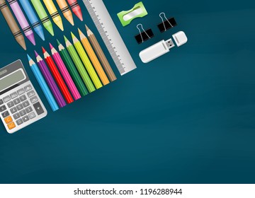 Set of school supplies on chalkboard with copy space, back to school concept. Vector illustration