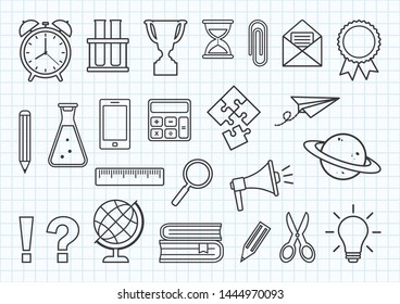 Set of school supplies on checkered notebook background. Black line art. Vector illustration