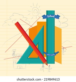 a set of school supplies on a paper with a sketch