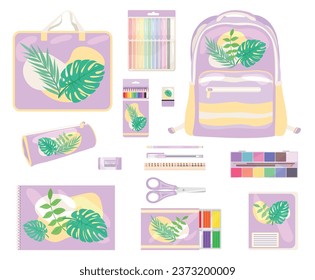 Set of school supplies on white background