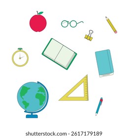 set of school supplies on white background, linear style