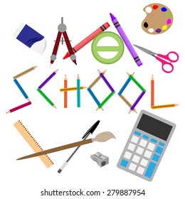 Set of school supplies on a white background. Vector illustration