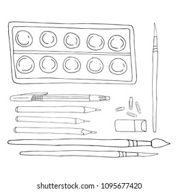 Set of school supplies - pen, brushes, eraser, watercolor, pencils. Sketch illustration on white backgruond. Isolated elements.