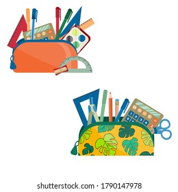 set of school supplies in a pencil case. set of pencil cases with tools for drawing and writing, a set of paints and a calculator is isolated on a white background. Vector illustration in flat style.